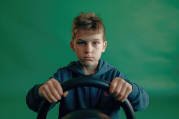 Poster - A young boy holding the steering wheel of a toy car. Perfect for illustrating childhood playtime