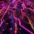 Abstract 3D neon circuit paths on a dark matrix