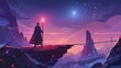 In this cartoon landing page, a wizard with a glowing spear stands in front of a mountain landscape with a suspended bridge under a starry sky, the game is set in a fantasy world, with knights or