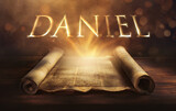 Fototapeta Uliczki - Glowing open scroll parchment revealing the book of the Bible. Book of Daniel. wisdom, faithfulness, dreams, visions, Babylon, lion, den, fiery furnace, interpretation, sovereignty