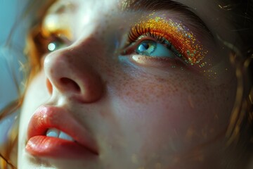 Poster - Close up of a woman with shimmering glitter on her eyes, perfect for beauty and fashion concepts