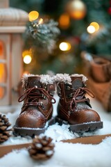 Poster - A pair of brown boots resting on snowy terrain. Perfect for winter and outdoor themes