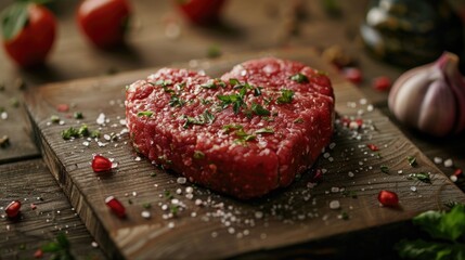 A heart-shaped steak on a wooden cutting board. Perfect for food and cooking concepts