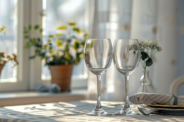 Poster - Two empty wine glasses on a table, suitable for restaurant or celebration concepts