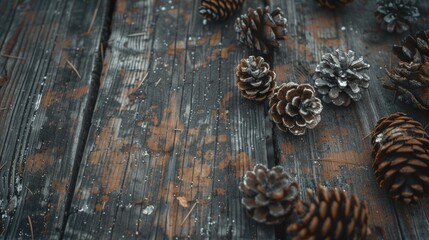 Poster - Pine cones arranged on a rustic wooden table, suitable for autumn or nature themed designs