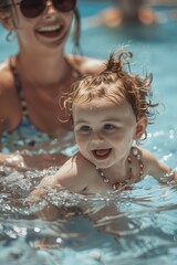 Poster - A woman and a child enjoying a swim in a pool. Suitable for family vacation concepts