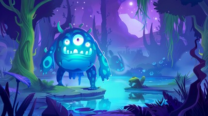 Wall Mural - Animals cartoon landing page, spooky creature with three eyes and long arms standing by pond in alien forest landscape, cartoon monsters.