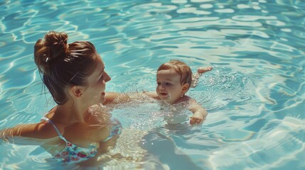 Poster - A woman and a child enjoying a swim in a pool. Perfect for summer activities