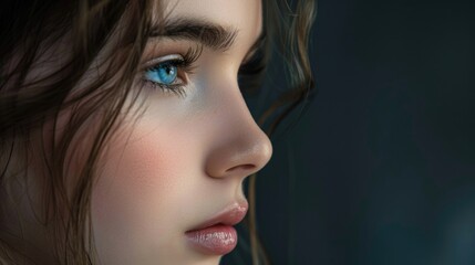 Poster - Close up of a woman's face with striking blue eyes, perfect for beauty or health concepts