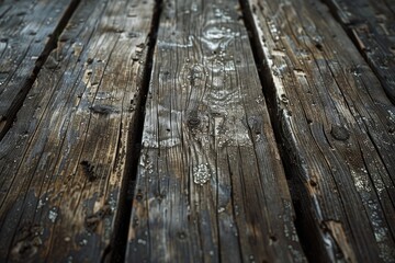 Poster - Close up of water droplets on a wooden floor. Suitable for backgrounds