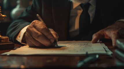Poster - A man in a suit writing on a piece of paper. Suitable for business and education concepts