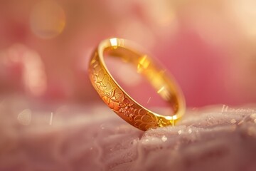 Poster - A luxurious gold wedding ring placed on a bed. Ideal for wedding and jewelry concepts