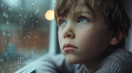 Aufkleber - A young boy staring out a rain-streaked window. Suitable for weather or contemplation concepts
