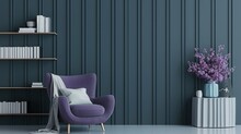 Living Room With Lounge Area. Grey Green Blue - Teal Tone Walls And Very Peri Or Lavender Purple Color Armchair. Modern Interior Design Room Home, Office Or Hotel. Minimal Style Trend 2023. 3d Render