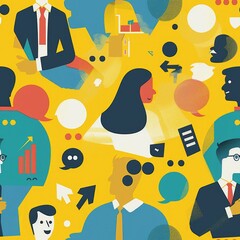 Poster - A group of people with speech bubbles on a yellow background. Perfect for communication and teamwork concepts