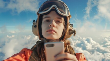 Poster - A woman posing for a selfie with her mobile phone. Suitable for social media or technology concepts