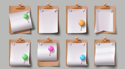 Poster - office stationery for memo board, with pins, white stickers, and pushpins. empty spaces for messages