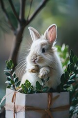 Poster - A white rabbit sitting in a box, versatile image for various projects