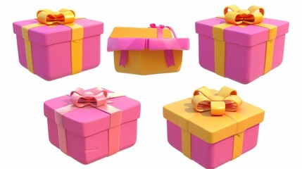 Wall Mural - Three-dimensional rendering of open and closed gift boxes on white background. Colorful illustration of square packages for holiday gifts decorated with ribbon bows.