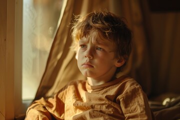Aufkleber - A young boy sitting in front of a window. Suitable for various concepts and designs