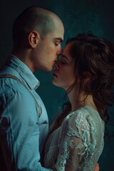 Poster - A man and a woman sharing a romantic kiss. Suitable for relationship and love concepts