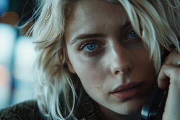 Poster - Close-up of a person talking on a cell phone. Suitable for communication concepts