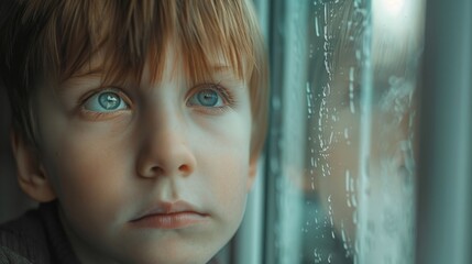 Poster - A young boy observing rain outside. Suitable for weather-related designs