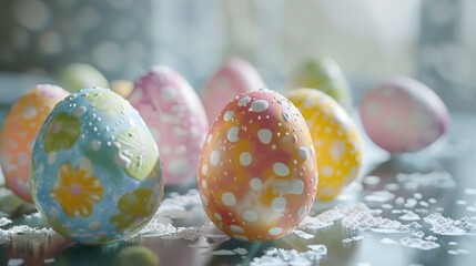 Wall Mural - Colorful eggs on a table, perfect for Easter decorations