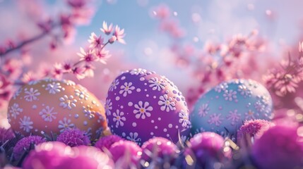 Sticker - Colorful Easter eggs displayed in a beautiful field of flowers. Perfect for spring and Easter-themed projects