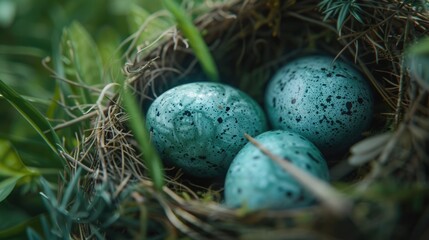 Poster - Three eggs in a nest on a tree branch. Suitable for nature and wildlife themes