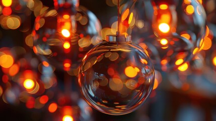 Poster - Close up of a glass ornament with lights in the background. Ideal for holiday and festive concepts
