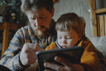 Poster - A man and a child looking at a digital tablet. Suitable for technology concept