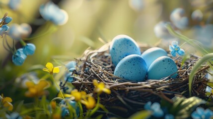 Wall Mural - Three blue eggs in a nest surrounded by flowers. Suitable for spring and Easter themes