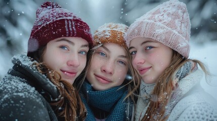 Wall Mural - Three girls posing for a picture in the snowy weather, suitable for winter-themed designs