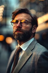 Poster - A man with glasses and a beard wearing a suit and tie. Suitable for business concepts