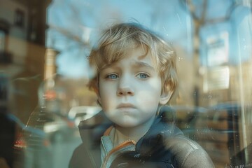 Poster - A young boy looking out of a window, suitable for various projects