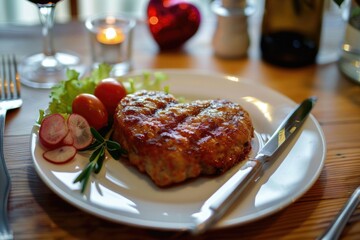 Poster - A white plate topped with meat and vegetables, suitable for food-related projects