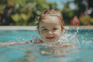 Poster - A young child having fun in a swimming pool. Perfect for summer-related designs