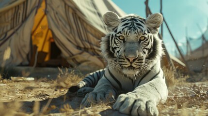 Poster - Majestic white tiger resting in front of a colorful tent, suitable for wildlife and camping themes