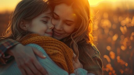 Poster - A heartwarming scene of a woman embracing a young girl in a picturesque field. Suitable for family and love-themed projects