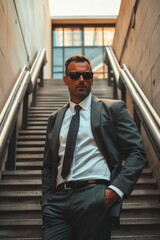Poster - A man in a suit and tie standing on a set of stairs. Suitable for business concepts