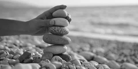 Poster - Person stacking rocks on beach, suitable for nature and relaxation concepts