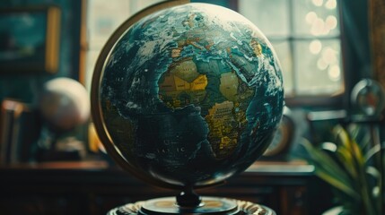 Poster - A globe resting on a wooden table, suitable for educational and travel concepts