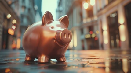 Poster - Piggy bank on city street, financial concept