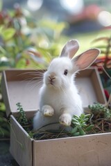 Poster - A small white rabbit sitting in a box, perfect for pet or animal related projects