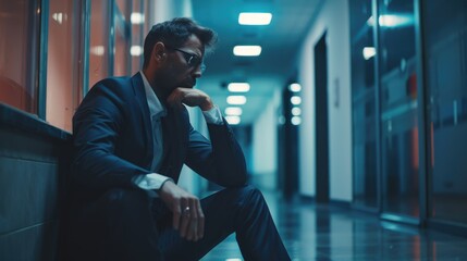 Poster - A man in a suit sitting on a wall, suitable for business concepts