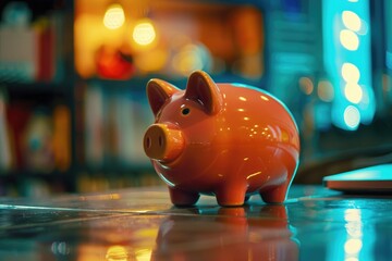 Aufkleber - Piggy bank sitting next to a laptop on a table, ideal for financial concepts and savings themes
