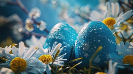 Poster - Three blue Easter eggs resting on a bed of daisies. Perfect for Easter themed designs