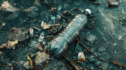 Poster - Plastic bottle on top of a pile of trash, suitable for environmental themes