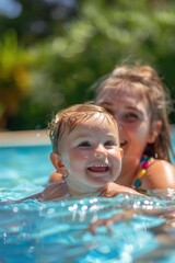 Poster - A woman and a child enjoying in a swimming pool. Suitable for family leisure concepts